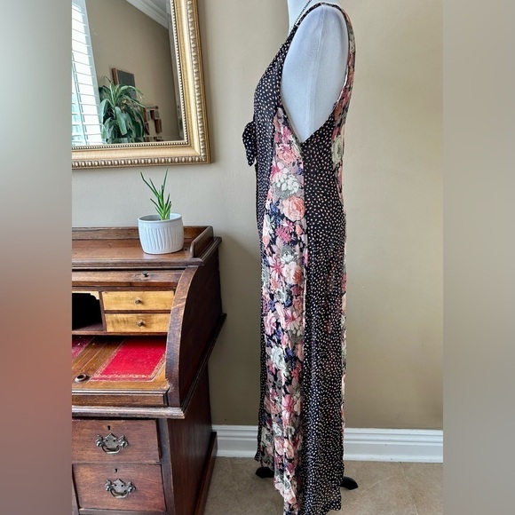 Vintage 80s Boho Floral Chiffon Wide Leg Jumpsuit Sleeveless Deep V Front Size S - Picture 6 of 11